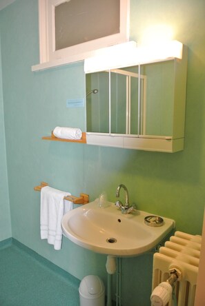 Combined shower/tub, free toiletries, hair dryer, towels