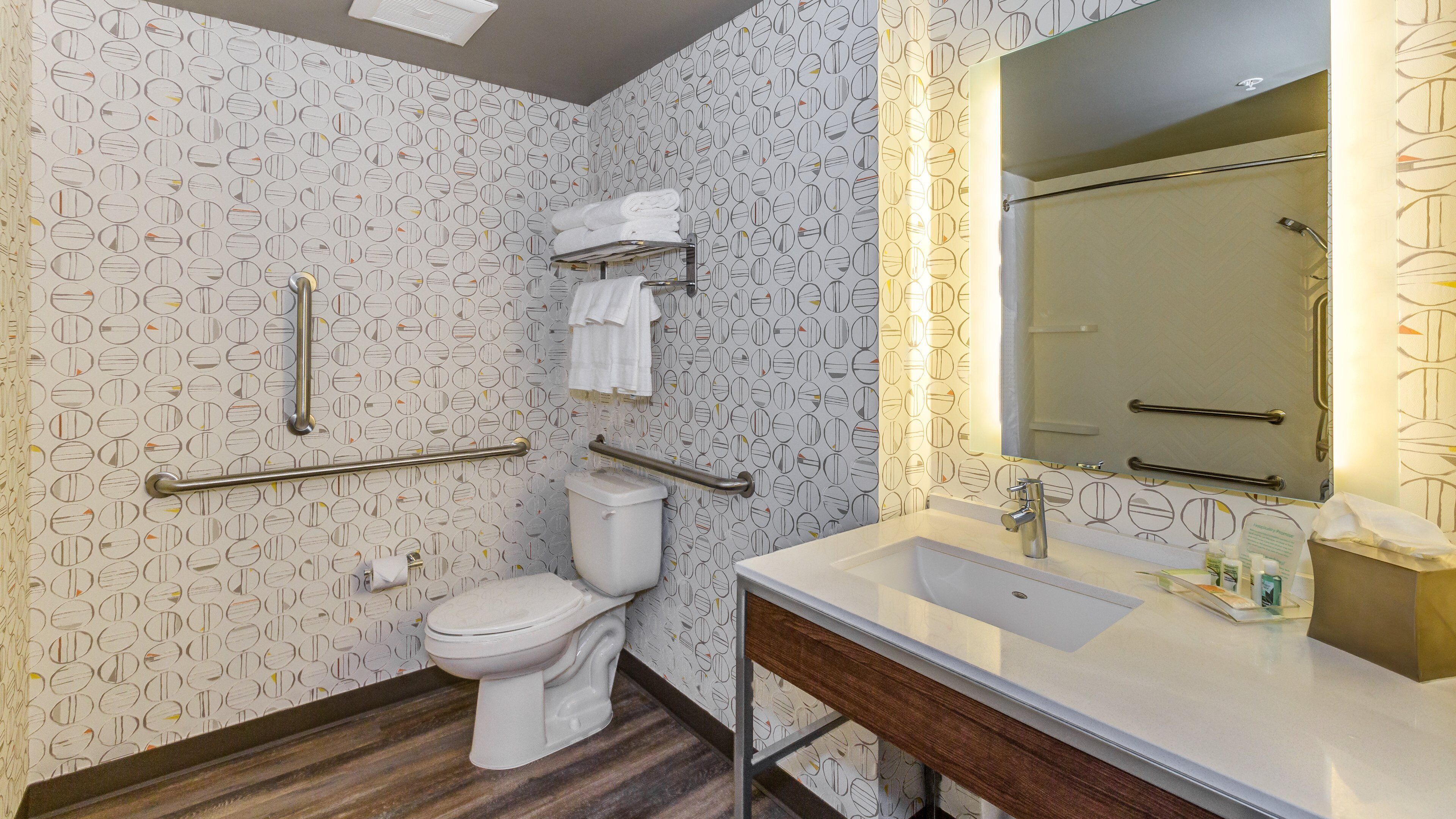 Ein Badezimmer mit Toilette, Waschbecken und Spiegel. An den Wänden befinden sich Handläufe und die Tapete hat ein Muster.