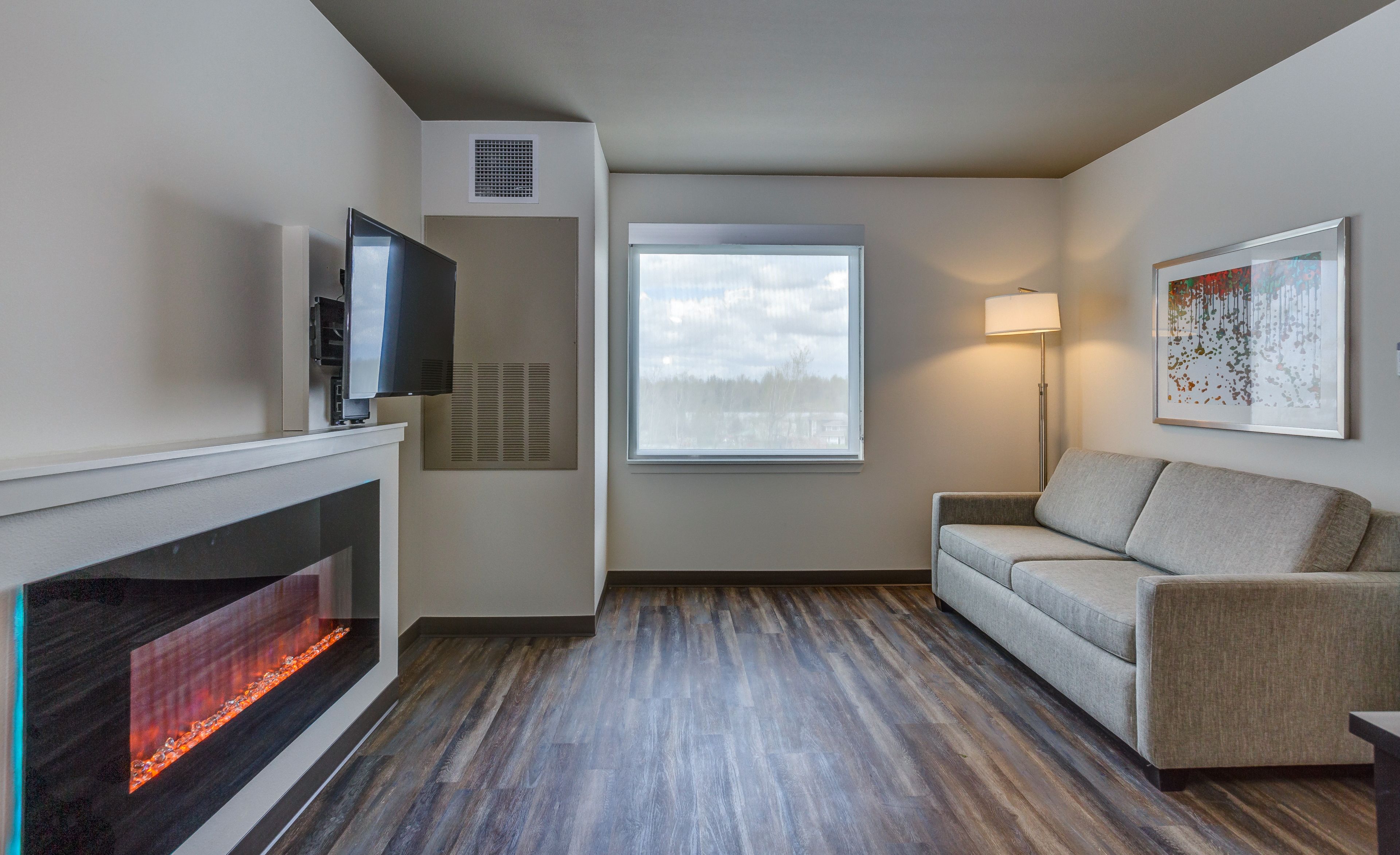 A modern living room with a fireplace, a flat-screen TV, a sofa, a floor lamp, and a large window with a view of trees.
