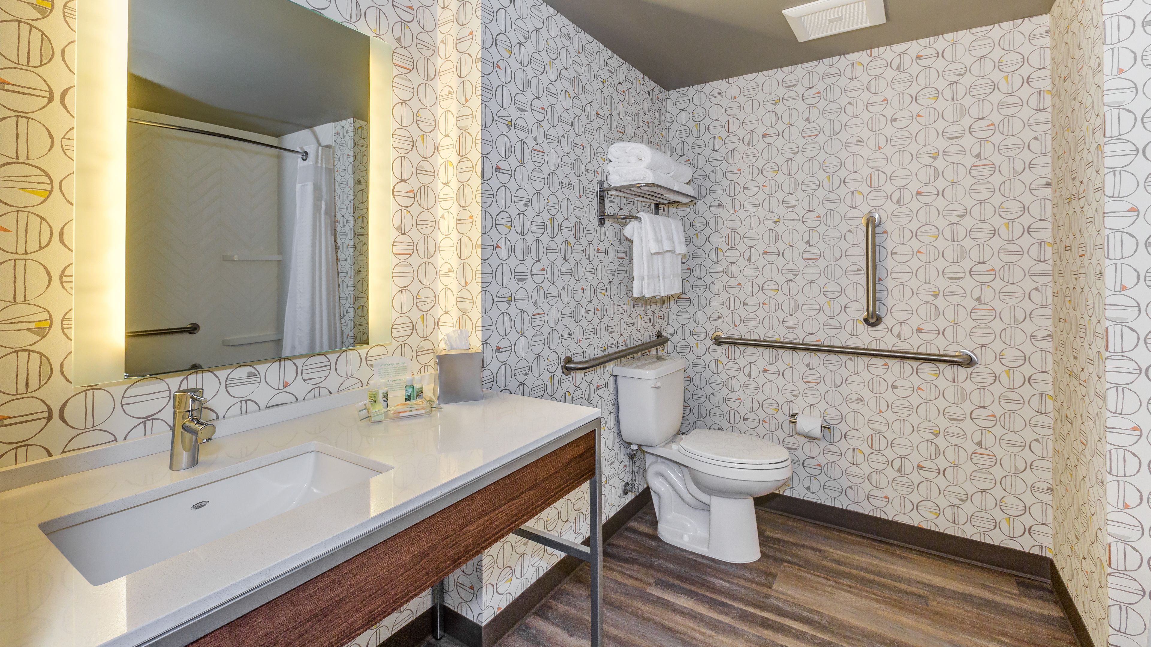A bathroom with a white sink, mirror, and toilet. There are handrails and a towel rack. The walls have a circular pattern.