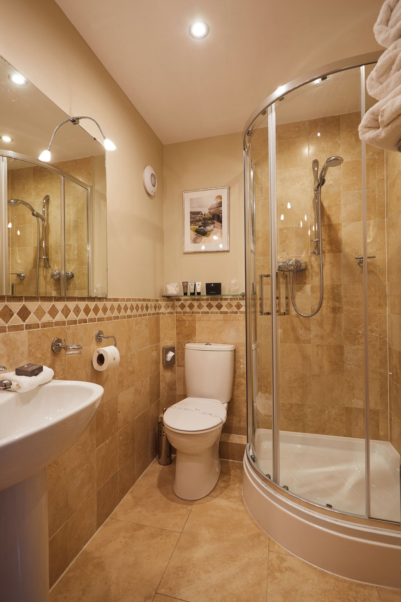 Shower, free toiletries, hair dryer, towels