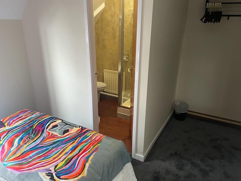 A bedroom with a colorful bedspread, a visible bathroom with a shower, and a small trash bin.