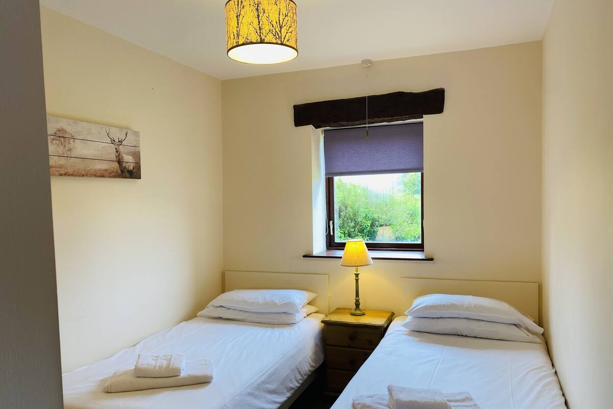A small, clean room with two single beds, a window with a view of greenery, a lamp, and a painting on the wall.