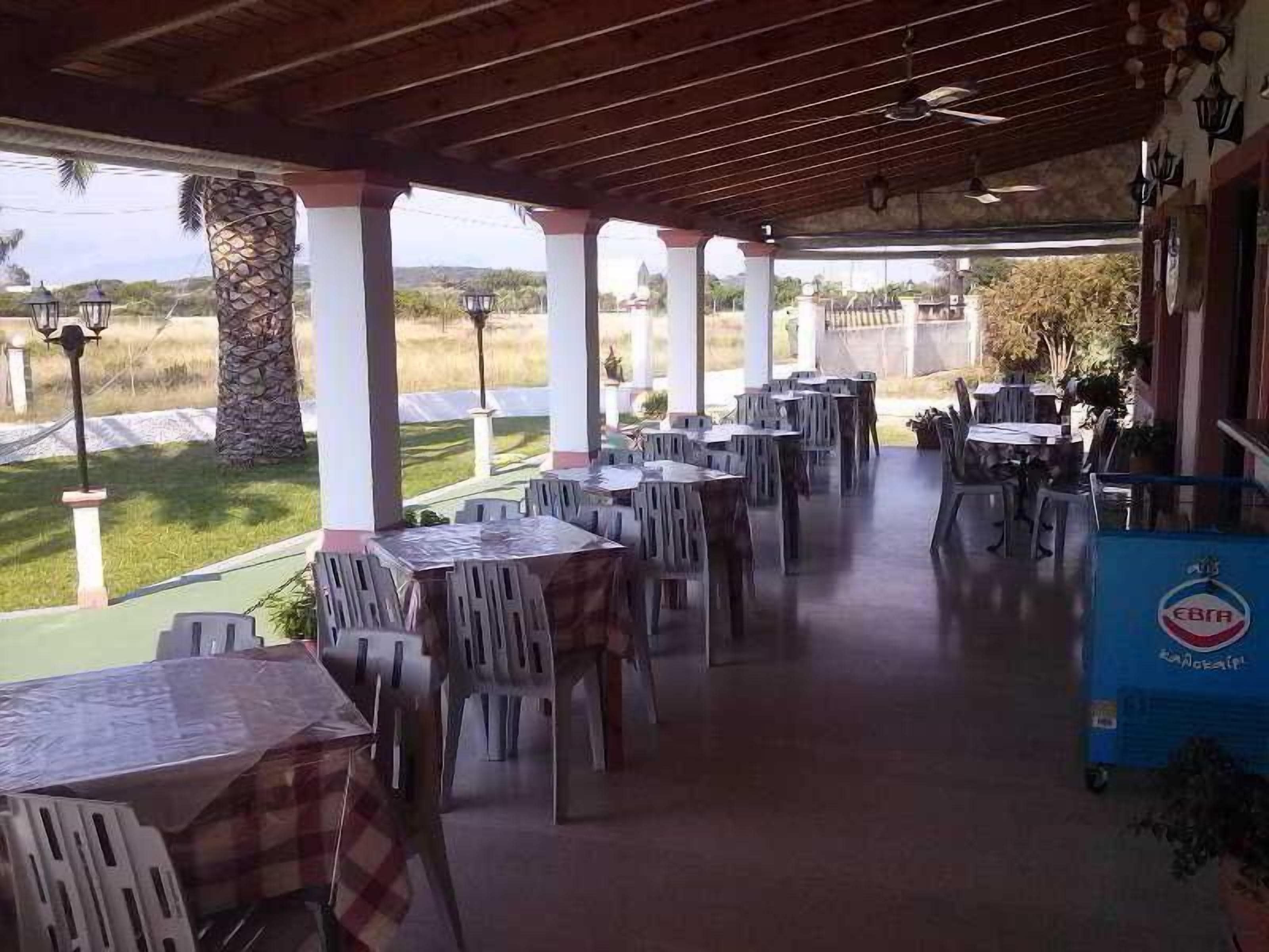 Une terrasse extérieure avec des tables et des chaises, un chariot bleu orné d’un logo, et une vue sur le paysage.