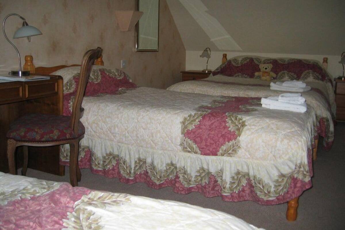 A bedroom with two beds, a desk, a chair, and a lamp.