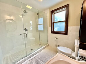 A bathroom with a glass-enclosed shower, a toilet, and a bathtub. - Dartmouth House Inn (Rochester)