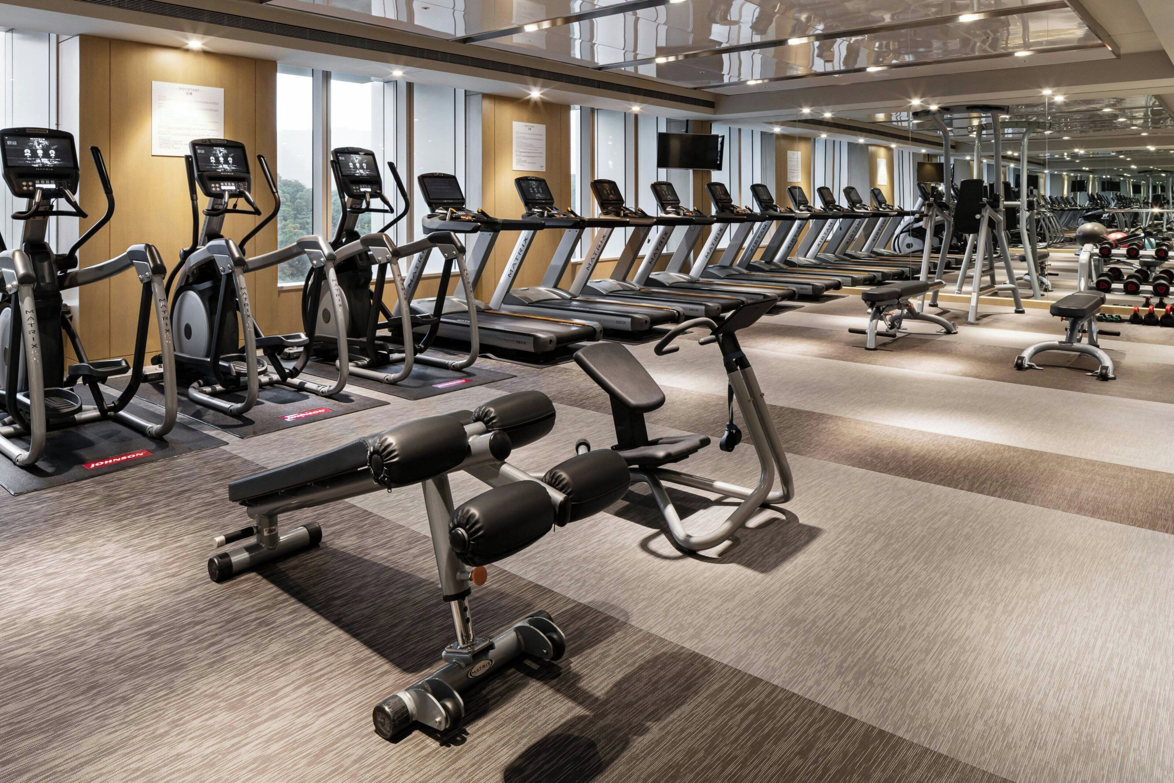 Un gimnasio con numerosas cintas de correr, elípticas y equipo de levantamiento de pesas.