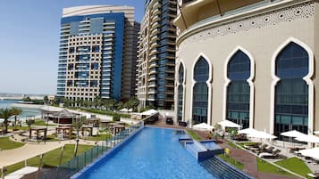 Outdoor pool, pool umbrellas, pool loungers