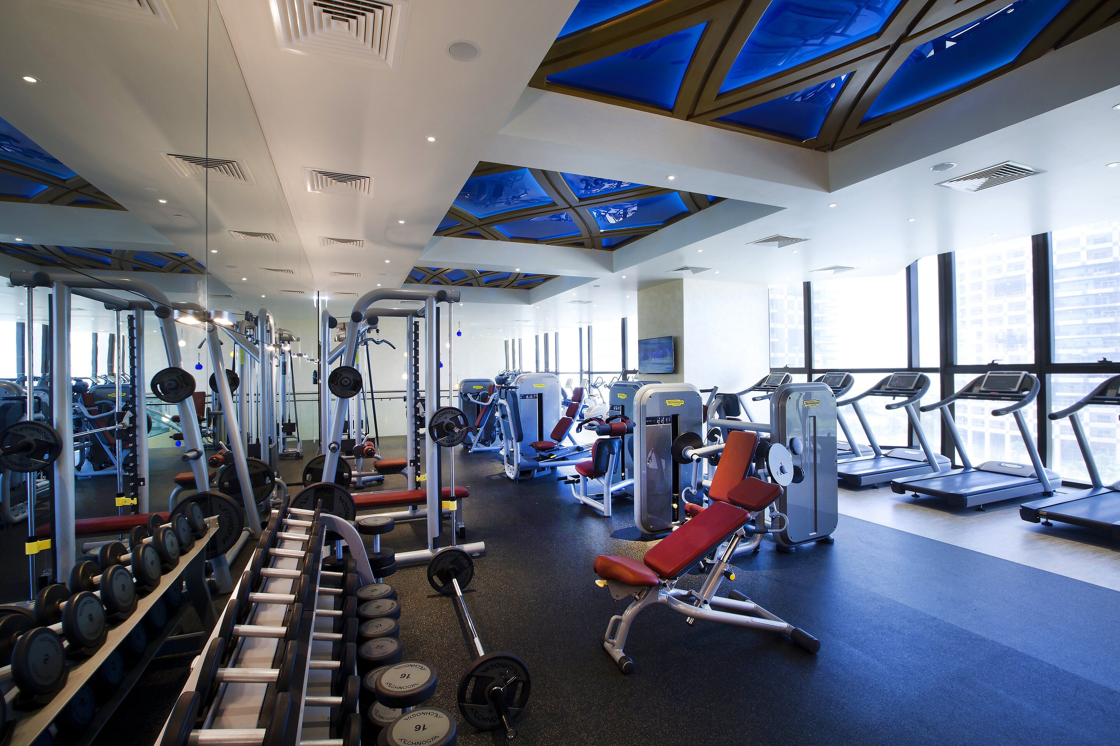 A gym with various exercise equipment, large windows, and a skylight.