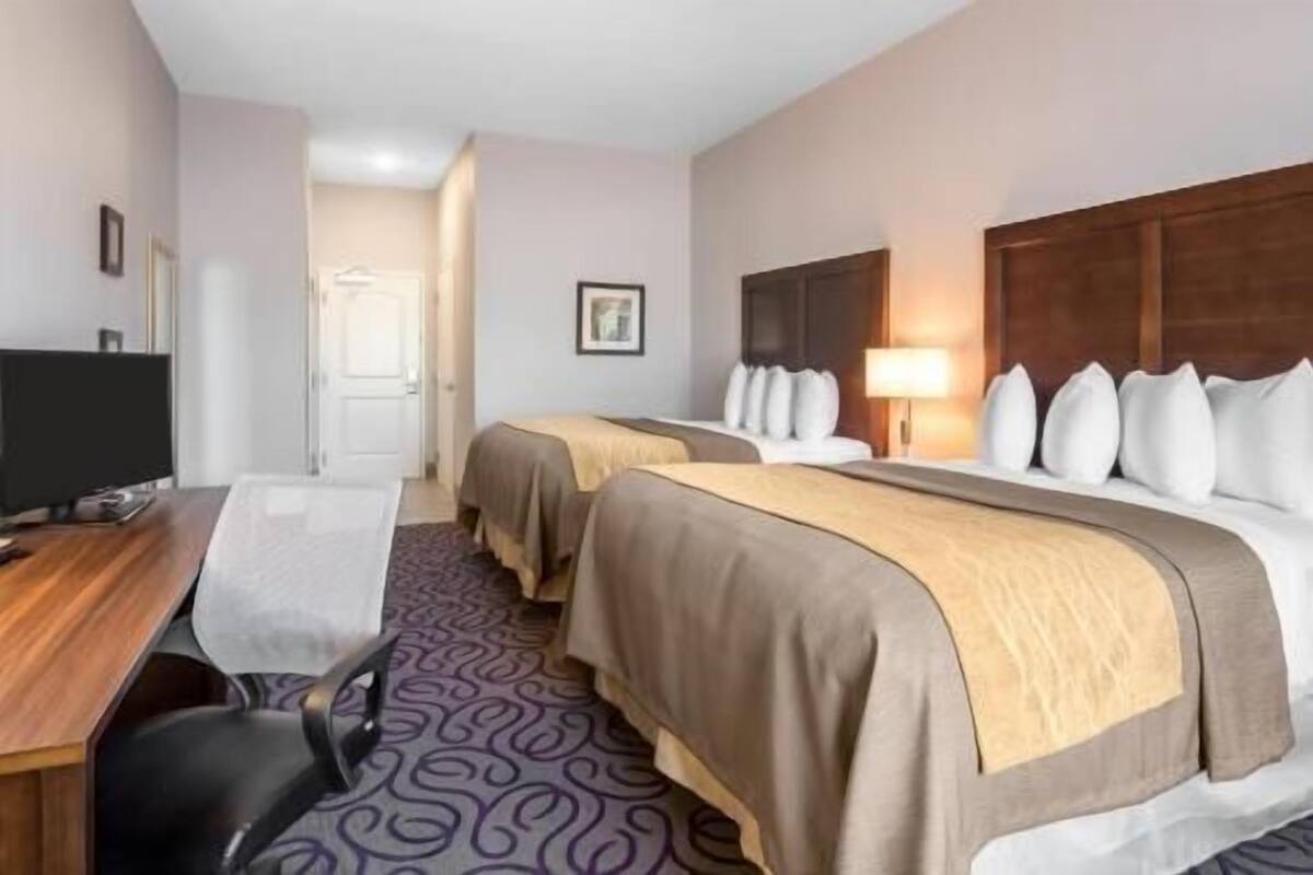 A hotel room with two beds, a desk, a TV, and a patterned carpet.