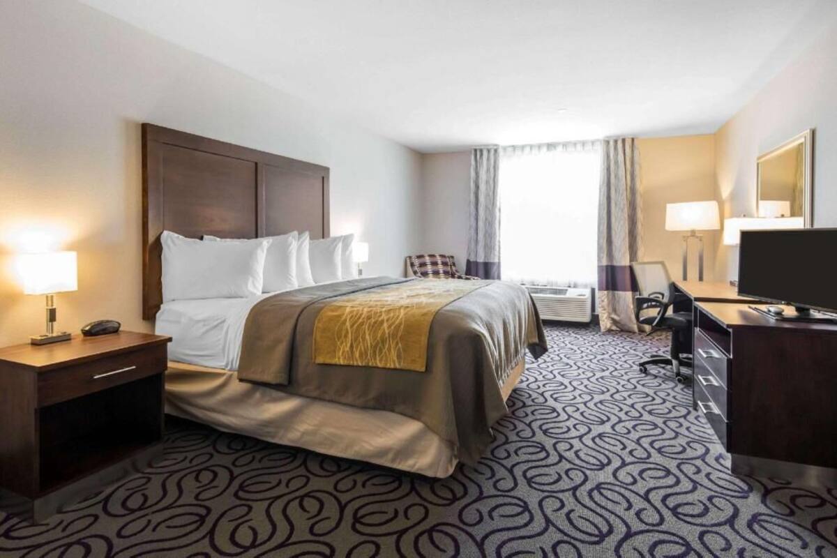 A hotel room with a bed, bedside table, lamp, chair, desk, TV, and a window with curtains.