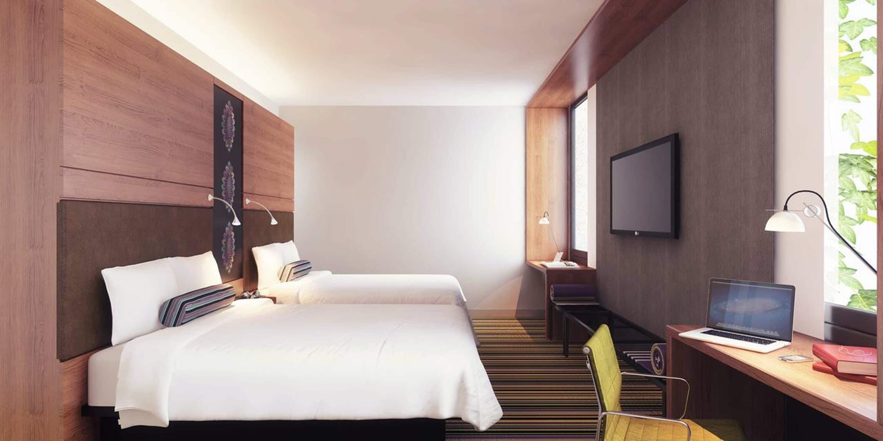 aloft, room, 2 queen beds, city view | minibar, in-room safe, desk, blackout curtains