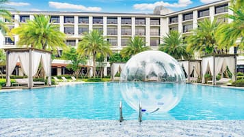 Indoor pool, outdoor pool, pool umbrellas, sun loungers