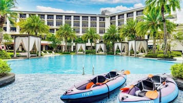 Indoor pool, outdoor pool, pool umbrellas, sun loungers