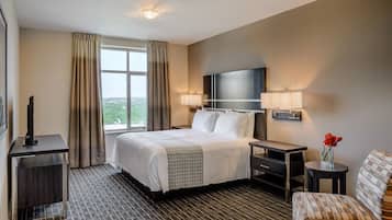A hotel room with a large bed, a TV, a desk, a chair, and a view of the outdoors.
