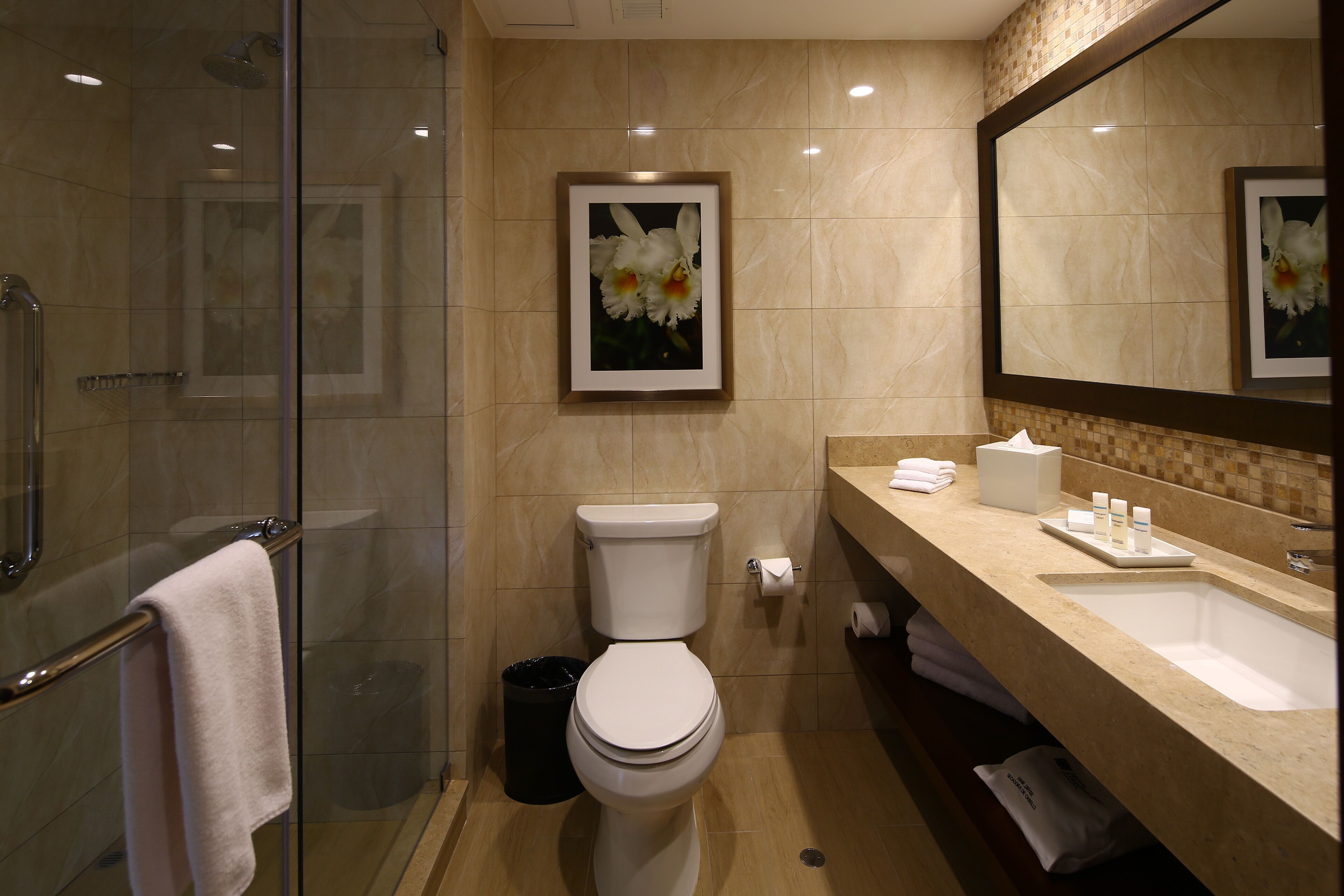 shower, rainfall showerhead, designer toiletries, towels