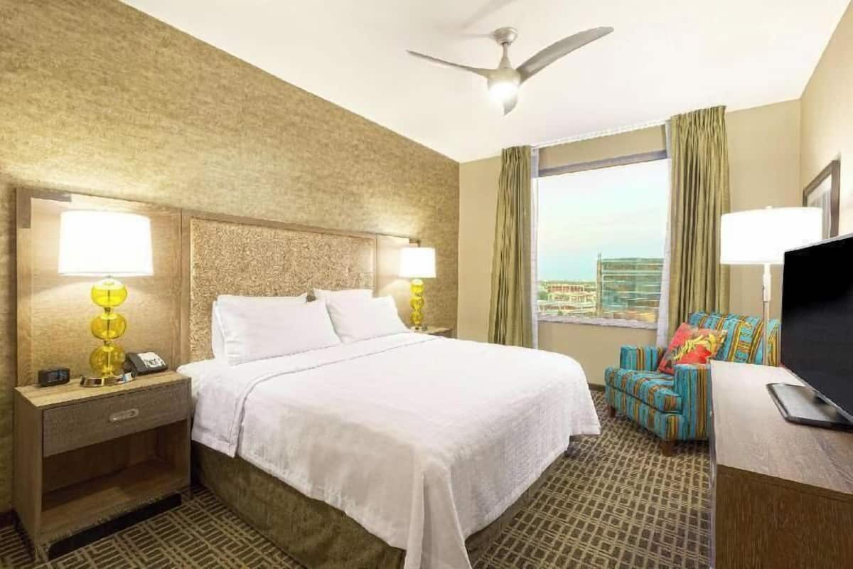 A hotel room with a bed, nightstand, lamp, television, and a view of the city.