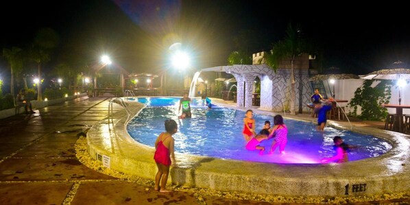 Outdoor pool, pool umbrellas, pool loungers