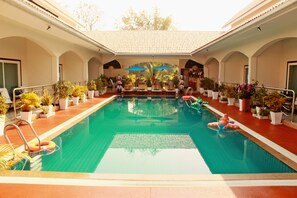 Indoor pool, outdoor pool, sun loungers