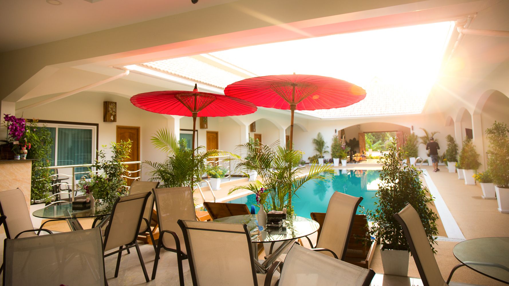 Indoor pool, outdoor pool, pool loungers