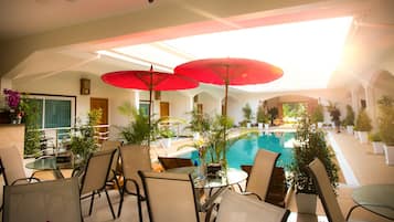 Indoor pool, outdoor pool, pool loungers