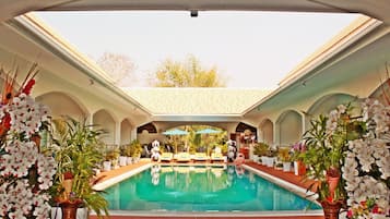 Indoor pool, outdoor pool, sun loungers