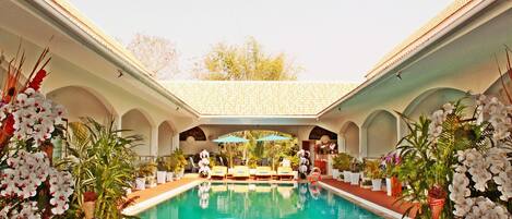 Indoor pool, outdoor pool, sun loungers