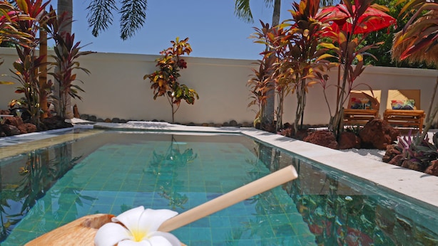 A swimming pool with a decorative drink on the edge, surrounded by tropical plants and rocks. - Hakuna Matata Bali Villas (Pecatu)