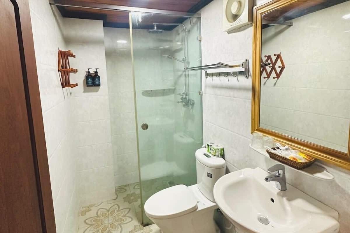 Dusche, Haartrockner, Hausschuhe, Bidet