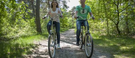 Dos personas andando en bicicleta por un sendero de tierra rodeado de árboles.