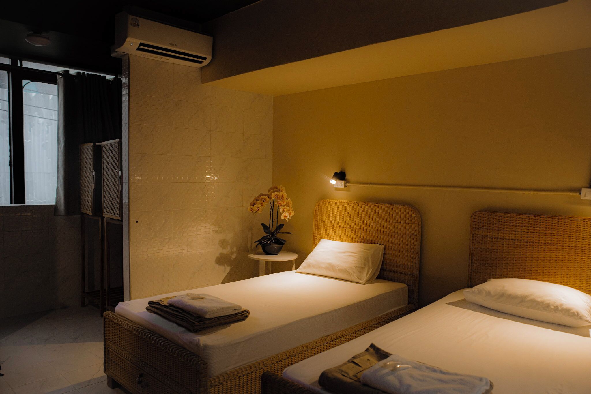 A hotel room with two single beds, a small table with a potted plant, and an air conditioning unit.