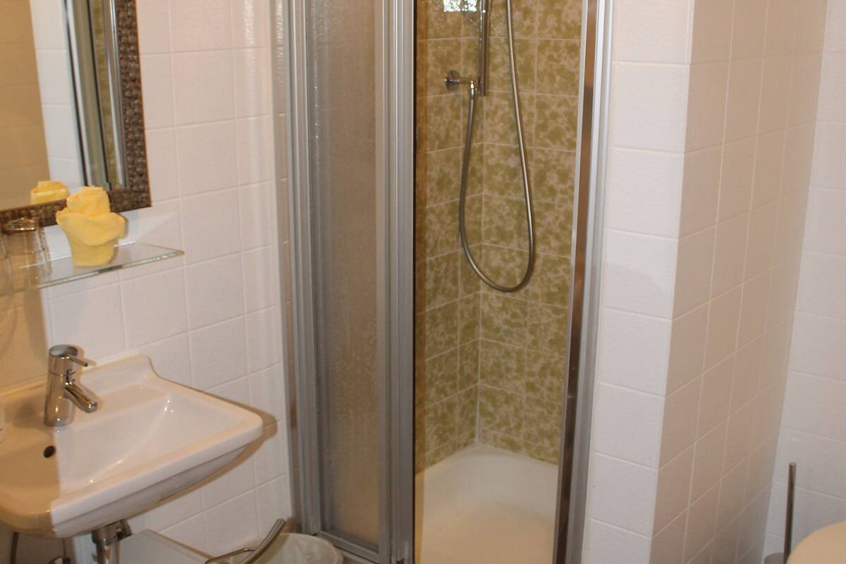 standard double room, balcony | bathroom | shower, hair dryer, slippers, towels