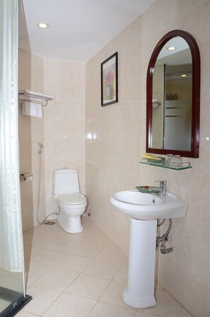 Shower, free toiletries, slippers, towels