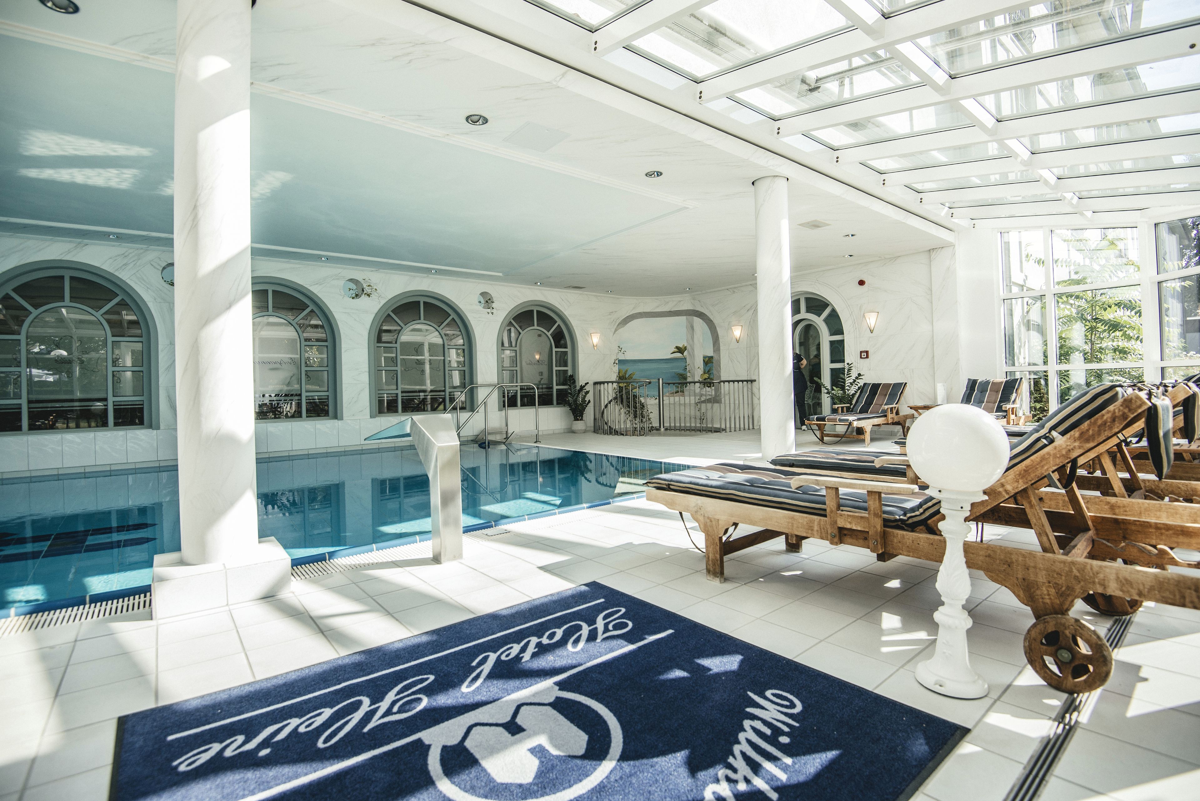 indoor pool, pool loungers
