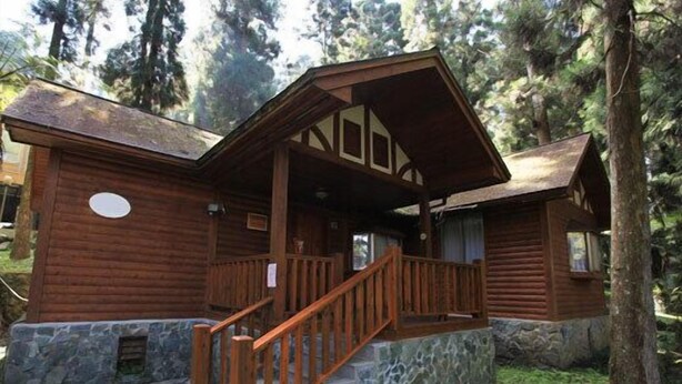 A rustic log cabin with a stone foundation, wooden porch, and a staircase leading to the entrance. - Xitou Education Center Hostel (Lugu)