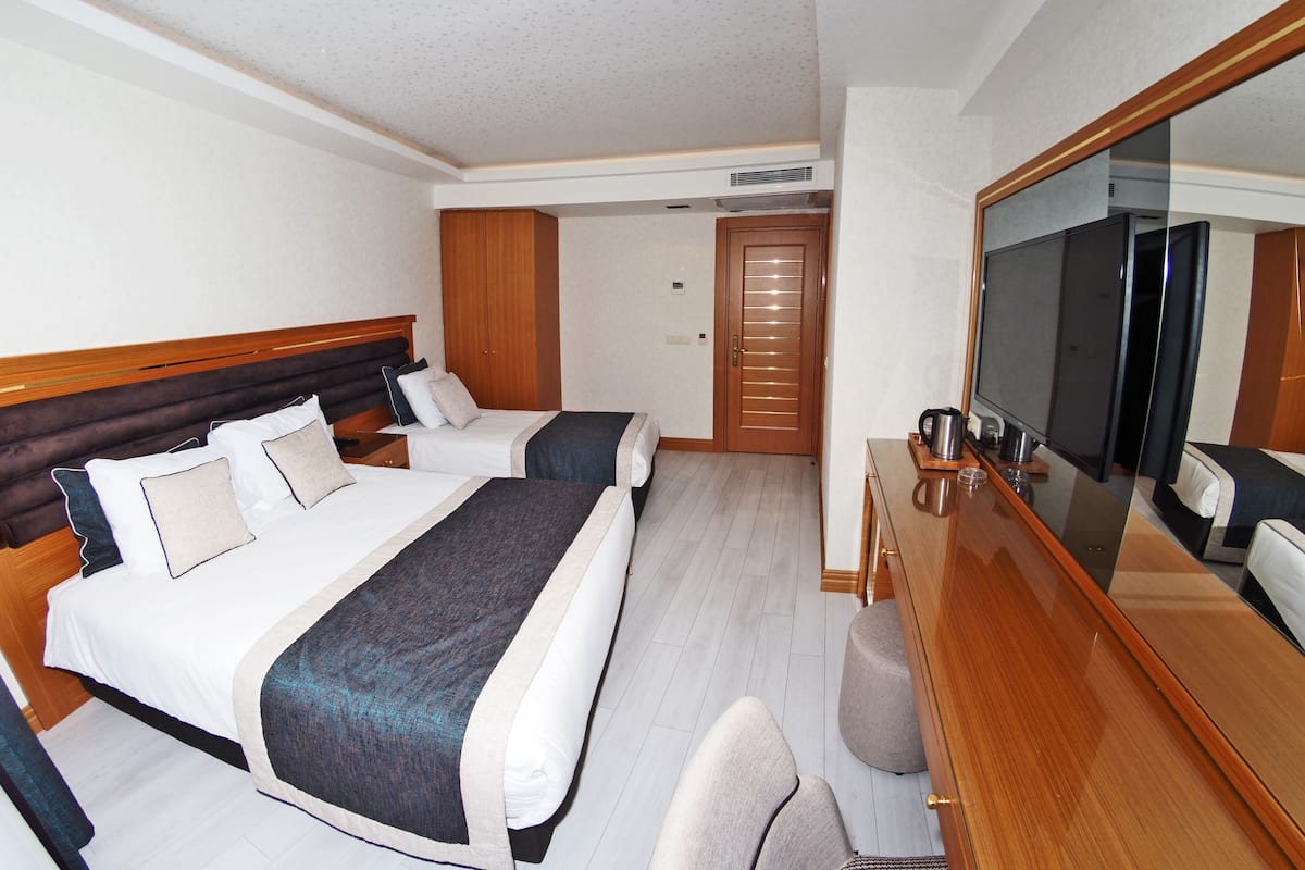 Habitación de hotel con dos camas, televisión, cafetera y armario de madera.