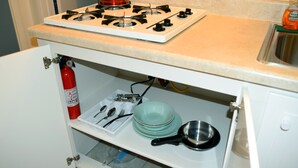 A kitchen with a stove, a fire extinguisher, and a sink. - Detroit Vacation Rental (Hamtramck)