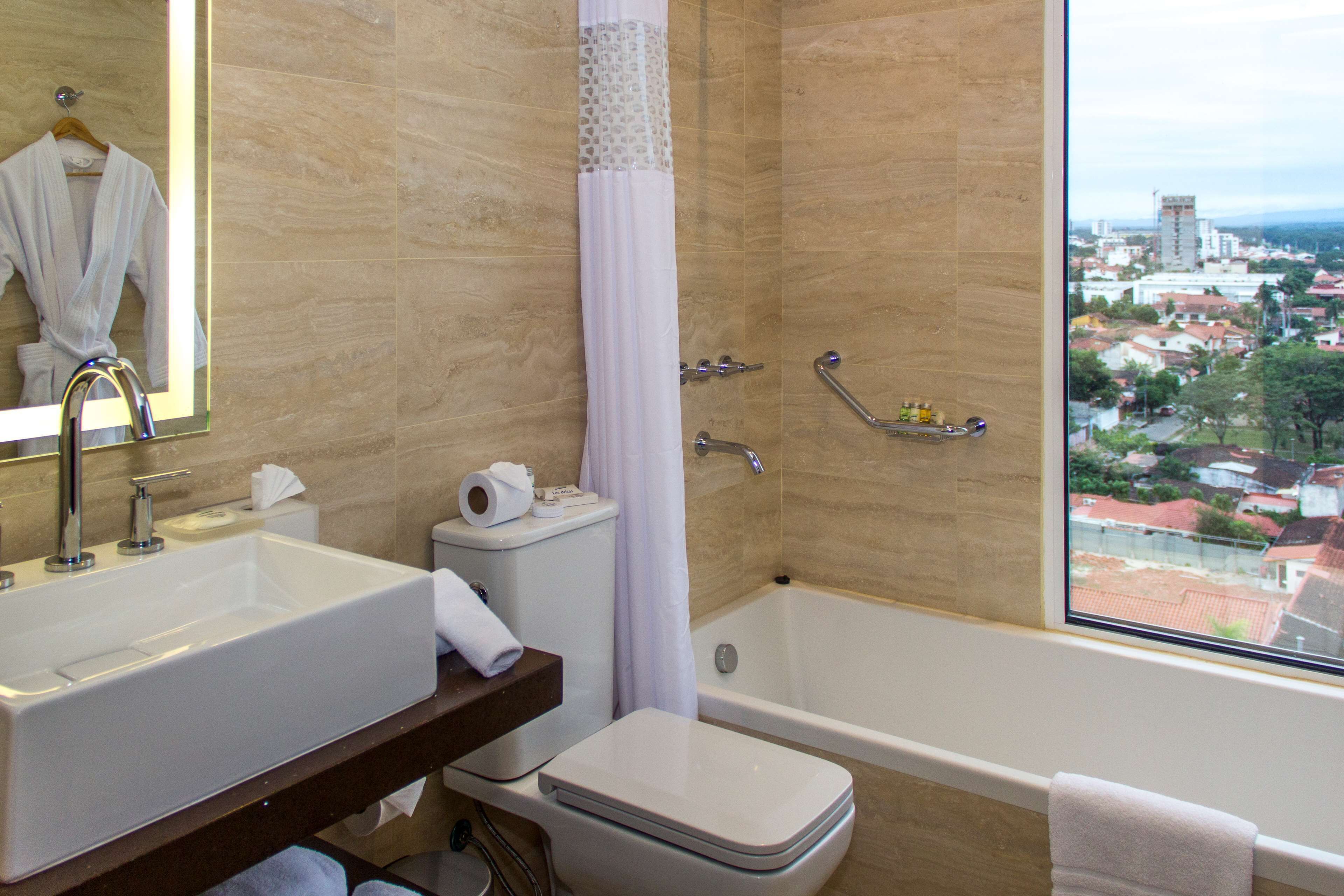 A bathroom with a bathtub, a sink, and a toilet. There is a window with a view of a cityscape.