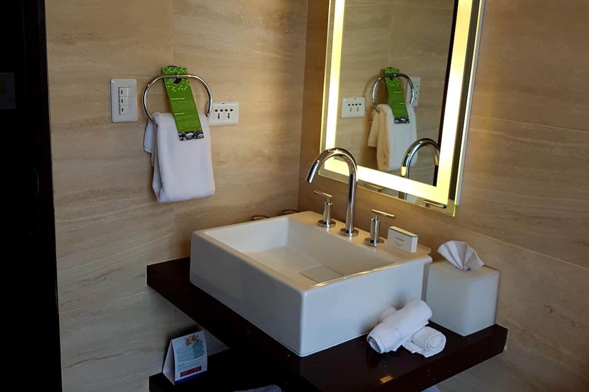 room, 1 queen bed, refrigerator & microwave | bathroom sink