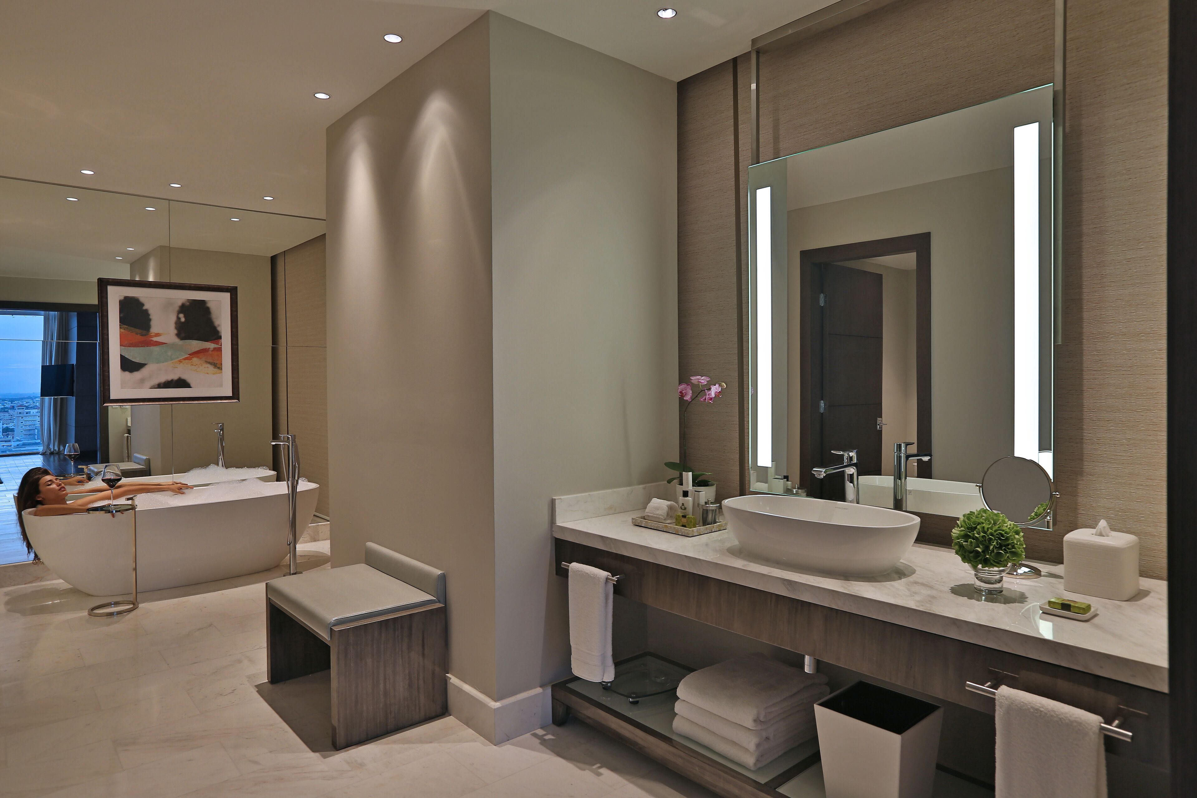 Separate tub and shower, deep soaking tub, rainfall showerhead