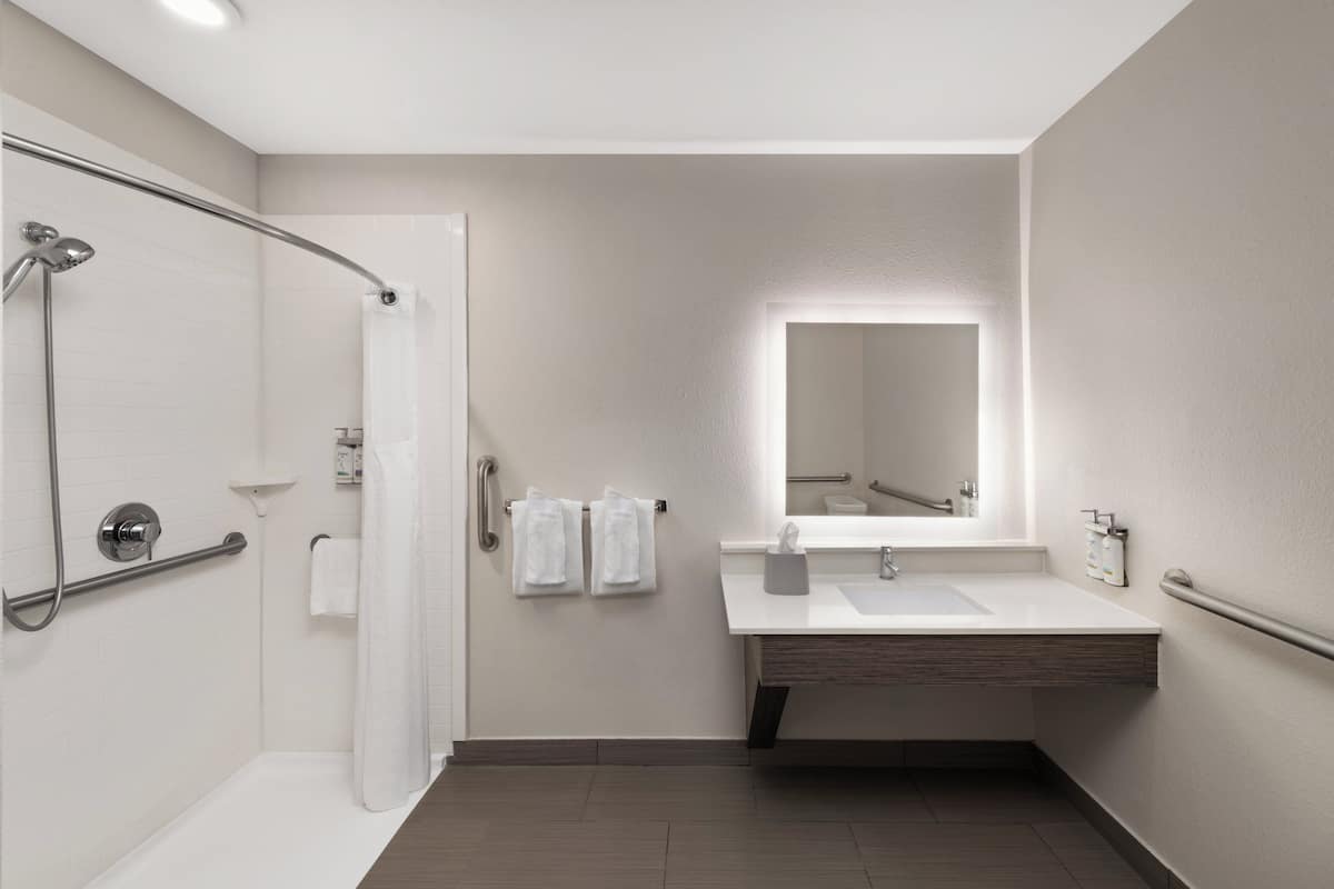 Habitación estándar, 1 cama King size, con acceso para personas discapacitadas (Communications) | Baño | Tina con regadera, amenidades de baño gratuitas, secadora de cabello