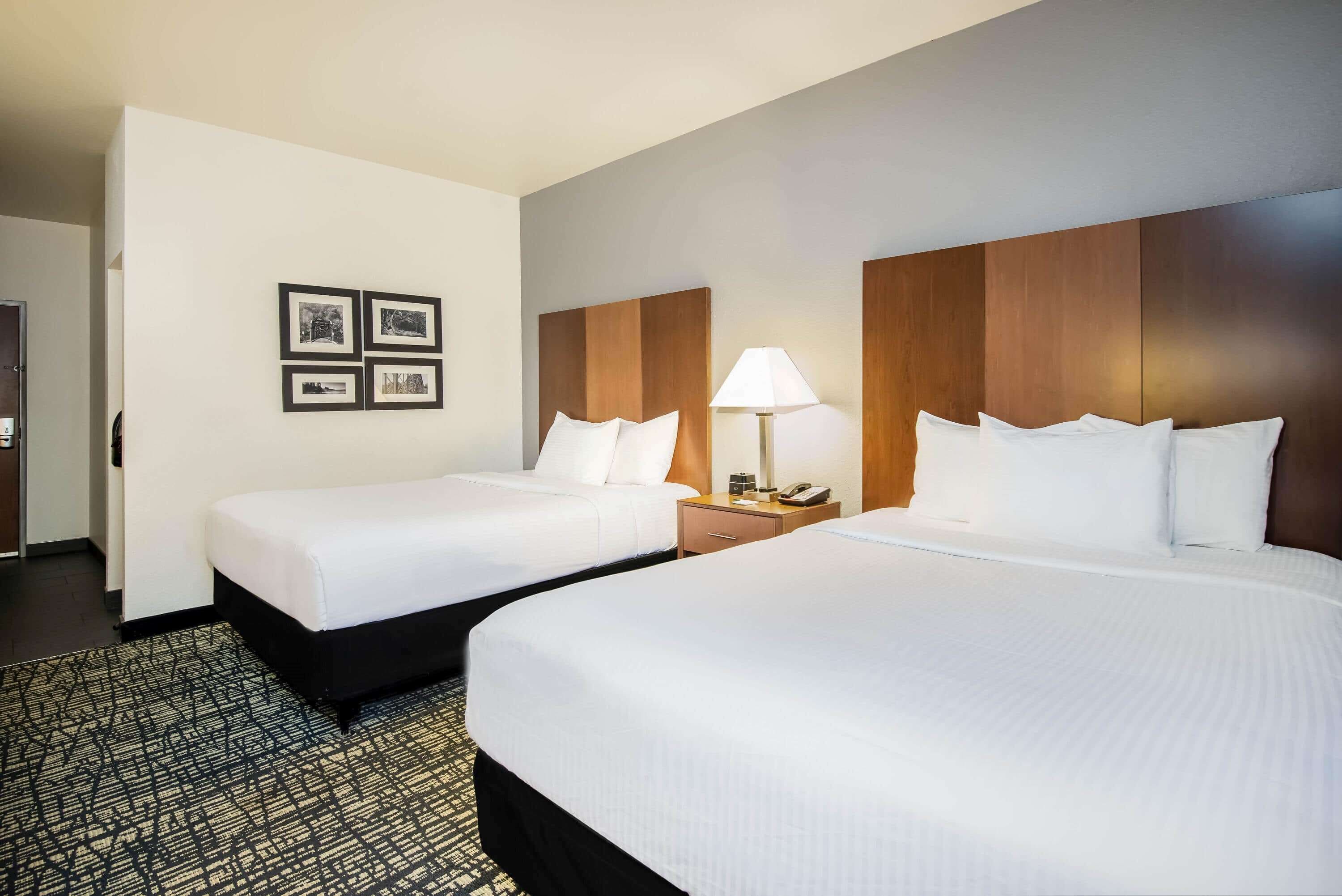 A hotel room with two beds, a nightstand with a lamp, and a wall-mounted picture frame.