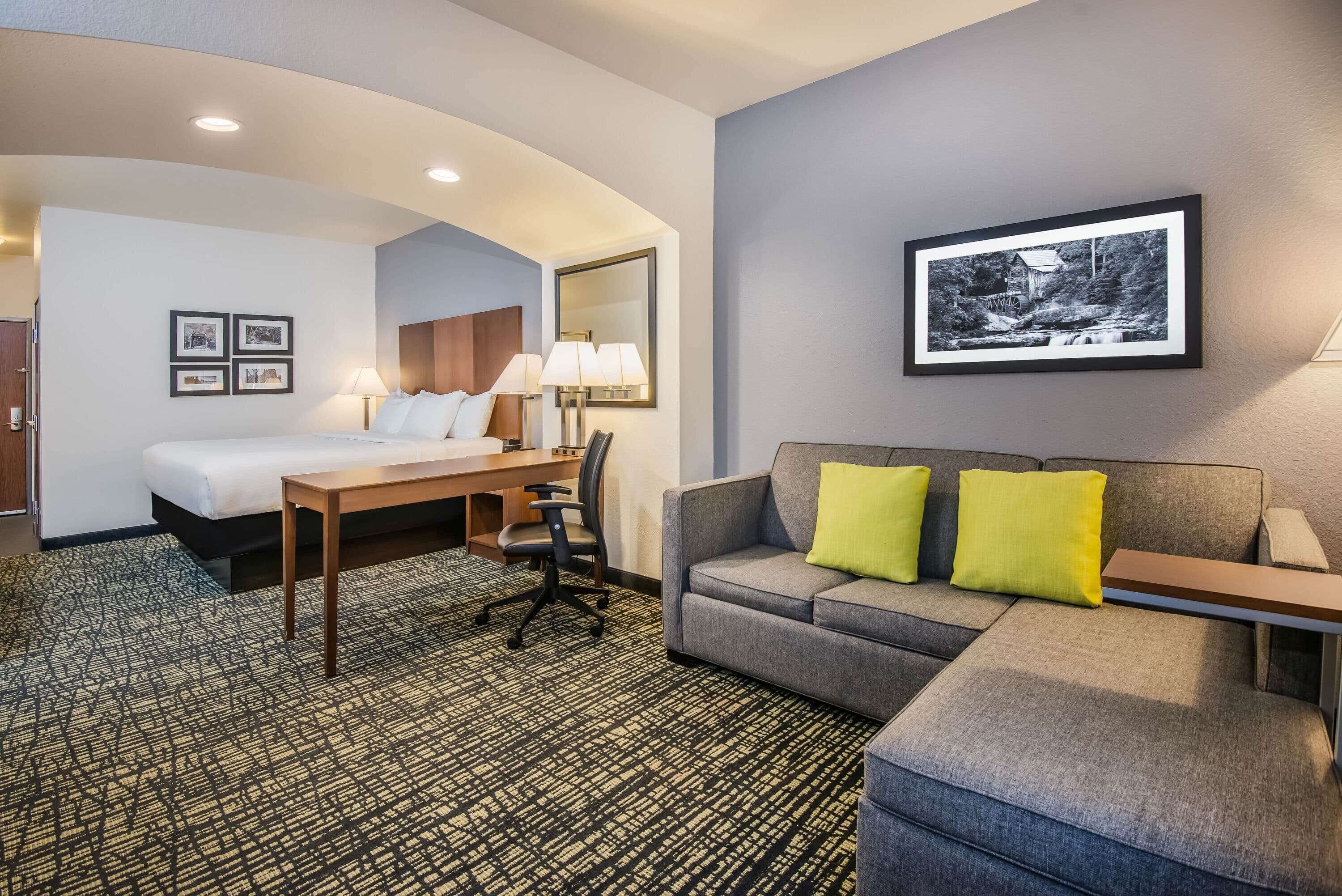A hotel room with a bed, a desk, a sofa, and a framed picture on the wall.