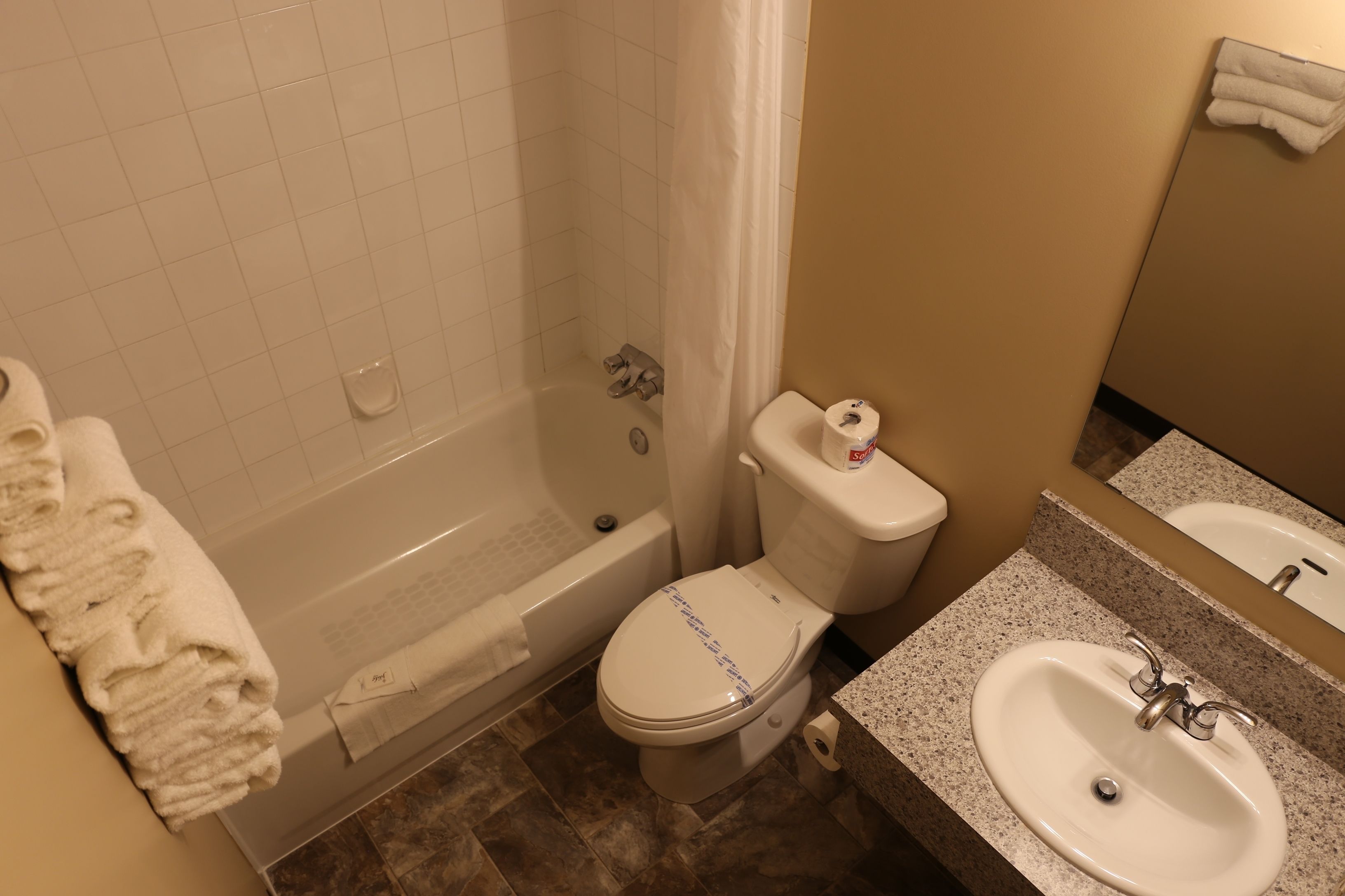 Een badkamer met een bad, toilet en wastafel.