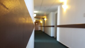 A corridor with a dark carpet, white walls, and a brown trim.