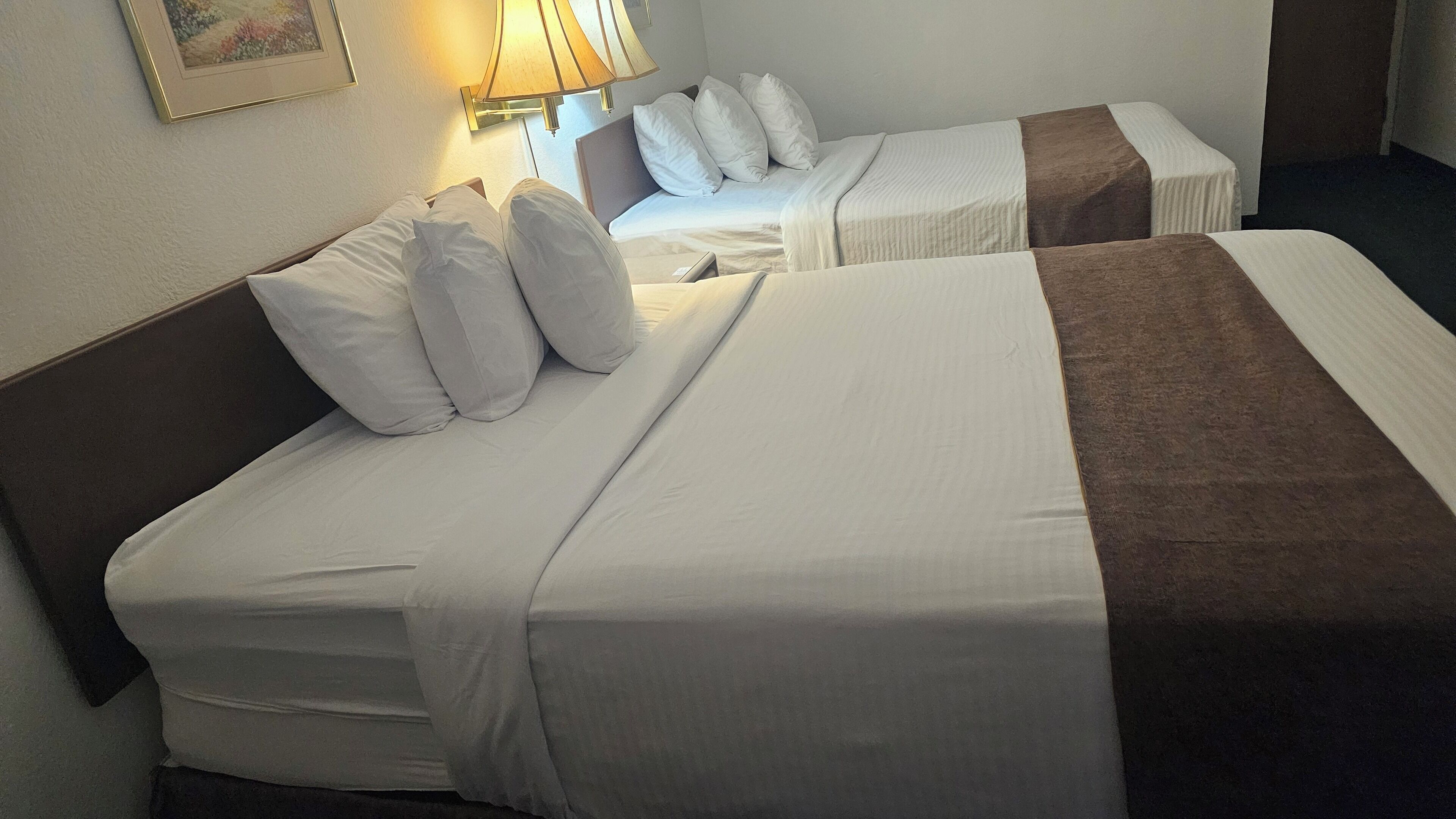 Two single beds with white linens and a brown throw blanket, a bedside lamp, and a framed picture on the wall.