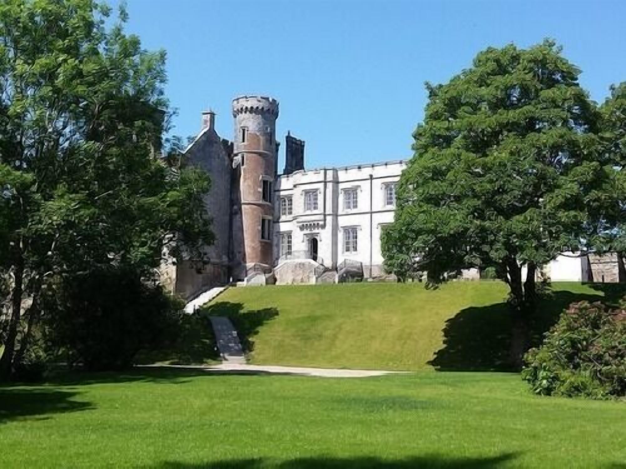 Un château doté d’une tour, entouré d’une végétation luxuriante et d’une pelouse bien entretenue.