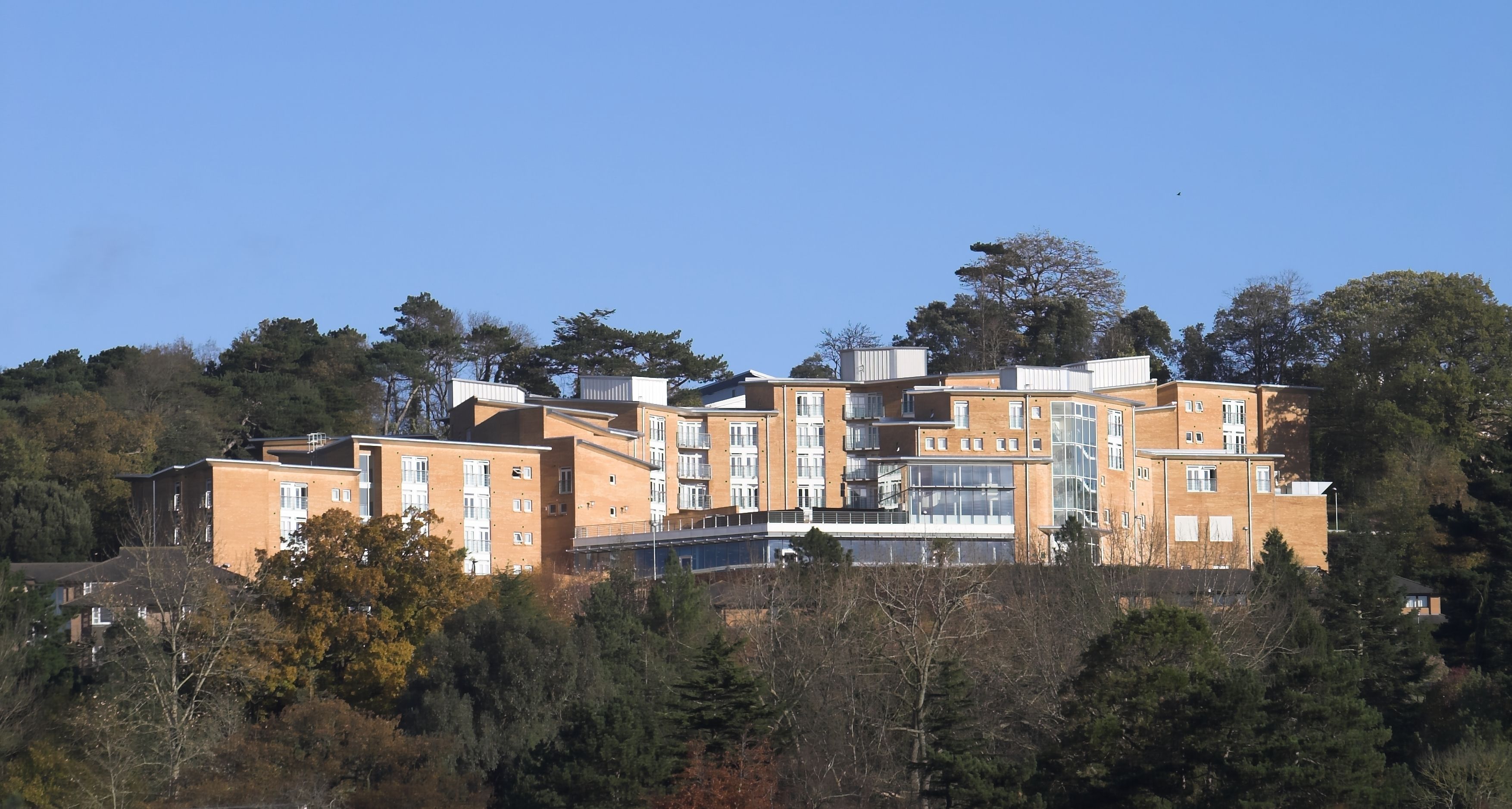 A multi-story building with a modern architectural design, featuring a mix of brick and glass facades, surrounded by dense trees.