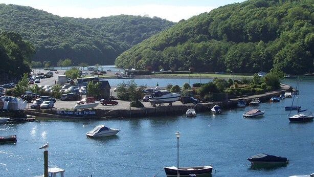 A marina with boats docked, surrounded by lush green hills. - Dolphin Guest House (Looe)