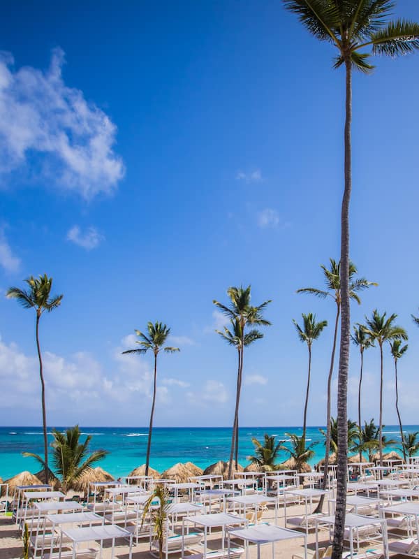 On the beach, white sand, free beach cabanas, sun loungers